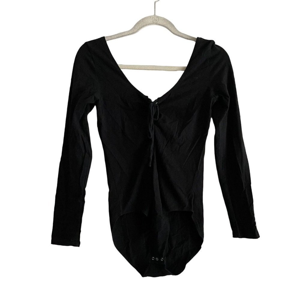 PINK Victorias Secret Women M Black Lace Up Front V-Neck Long Sleeve Bodysuit